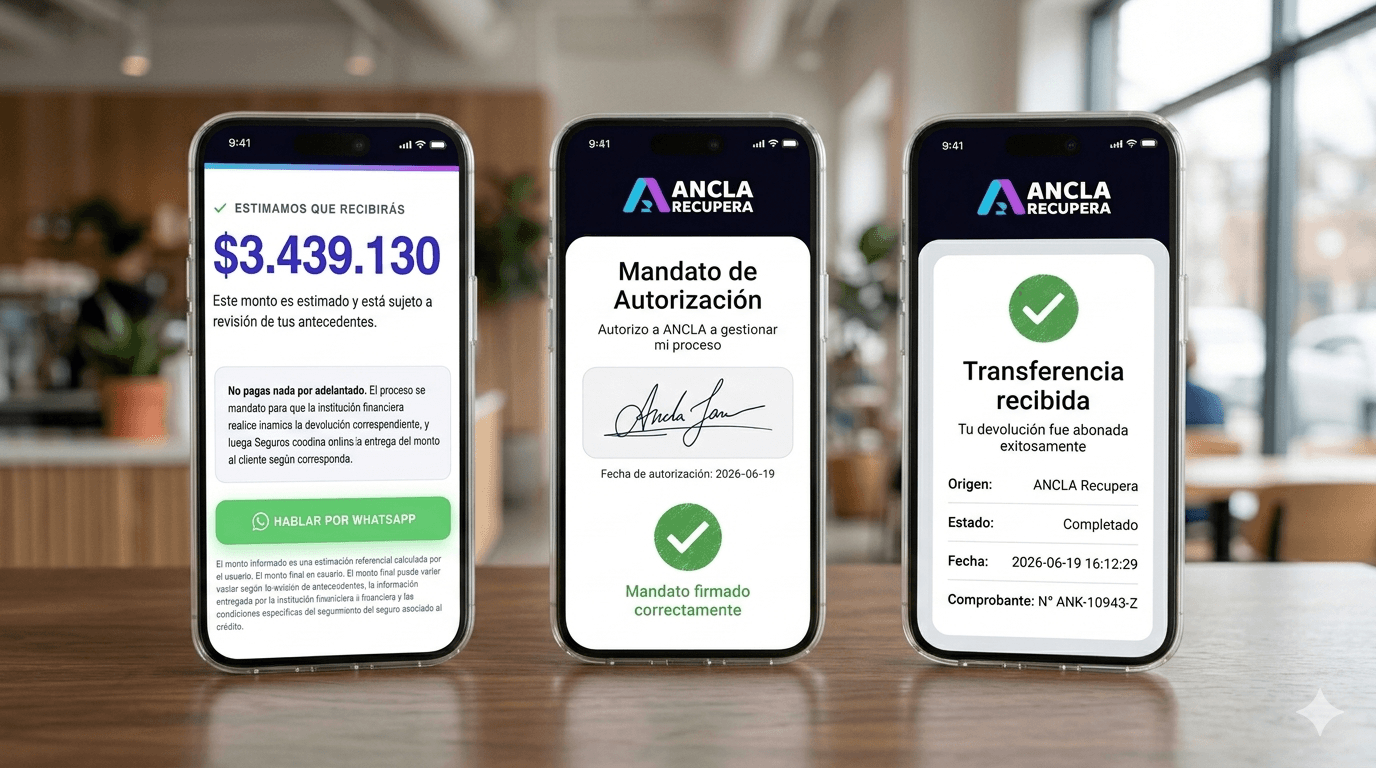 Tres pasos del proceso: estimado, autorización firmada, transferencia recibida