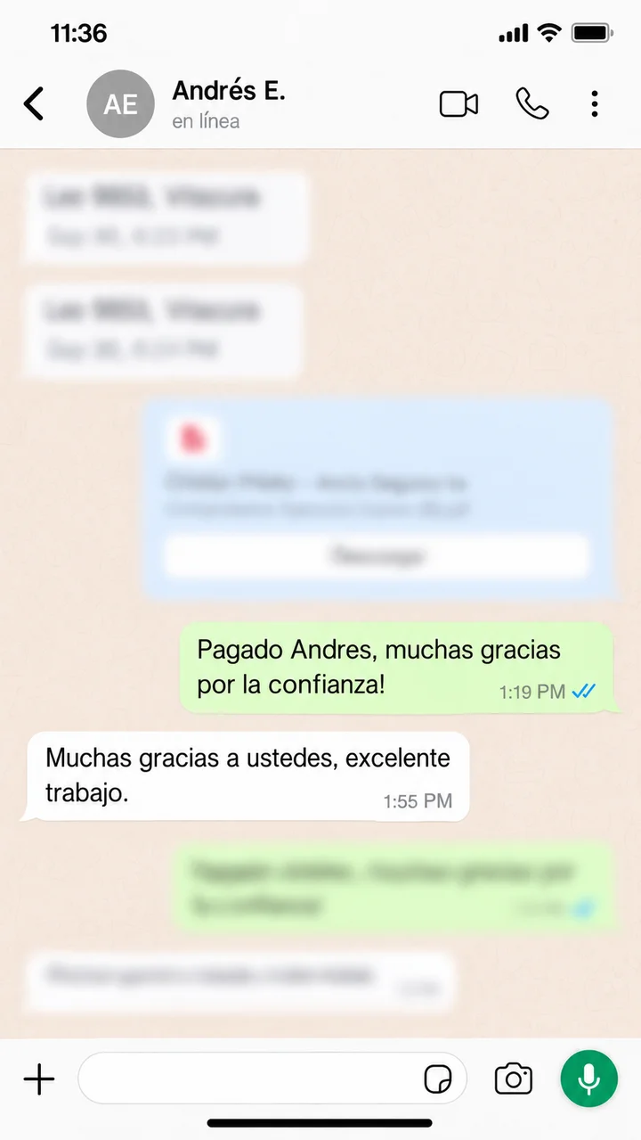 Testimonio de Andrés E. por WhatsApp, tras recibir el pago de Ancla Recupera: "Muchas gracias a ustedes, excelente trabajo."