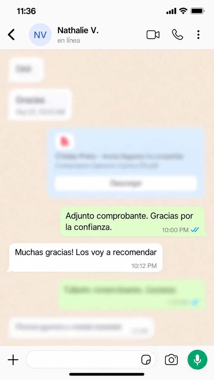 Testimonio de Nathalie V. por WhatsApp, tras recibir el comprobante de pago de Ancla Recupera: "Muchas gracias! Los voy a recomendar"